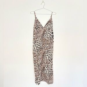 leopard print maxi slip dress - v neck flowy satin - S  euc